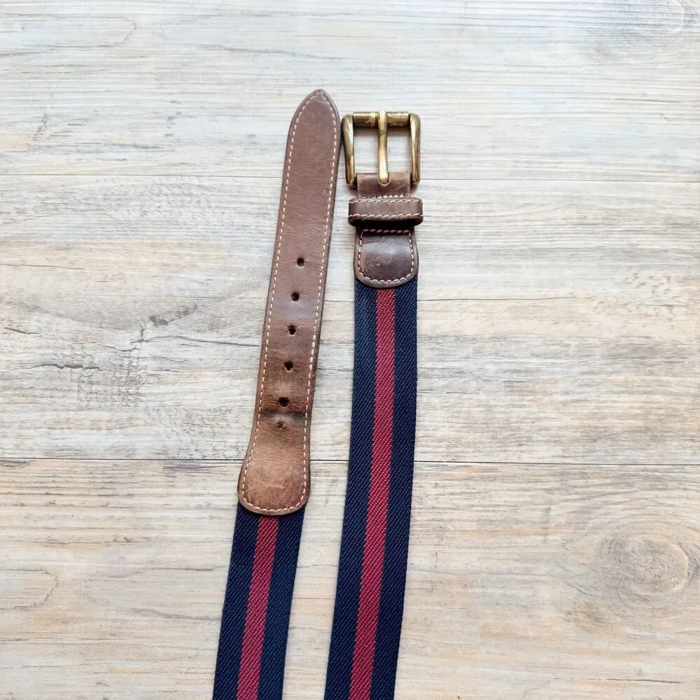 L.L.Bean Stretch Web Belt Size 40 Brown Leather Navy Red Stripe Brass Buckle